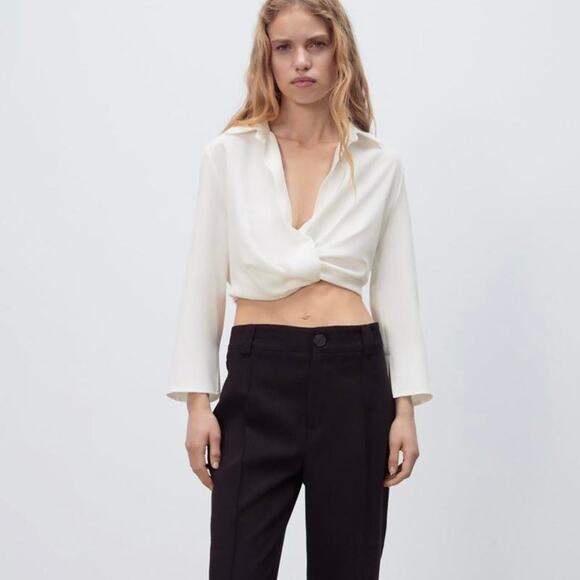 Zara Pleated Cropped Long Sleeve Top in White - Picture 2 of 11